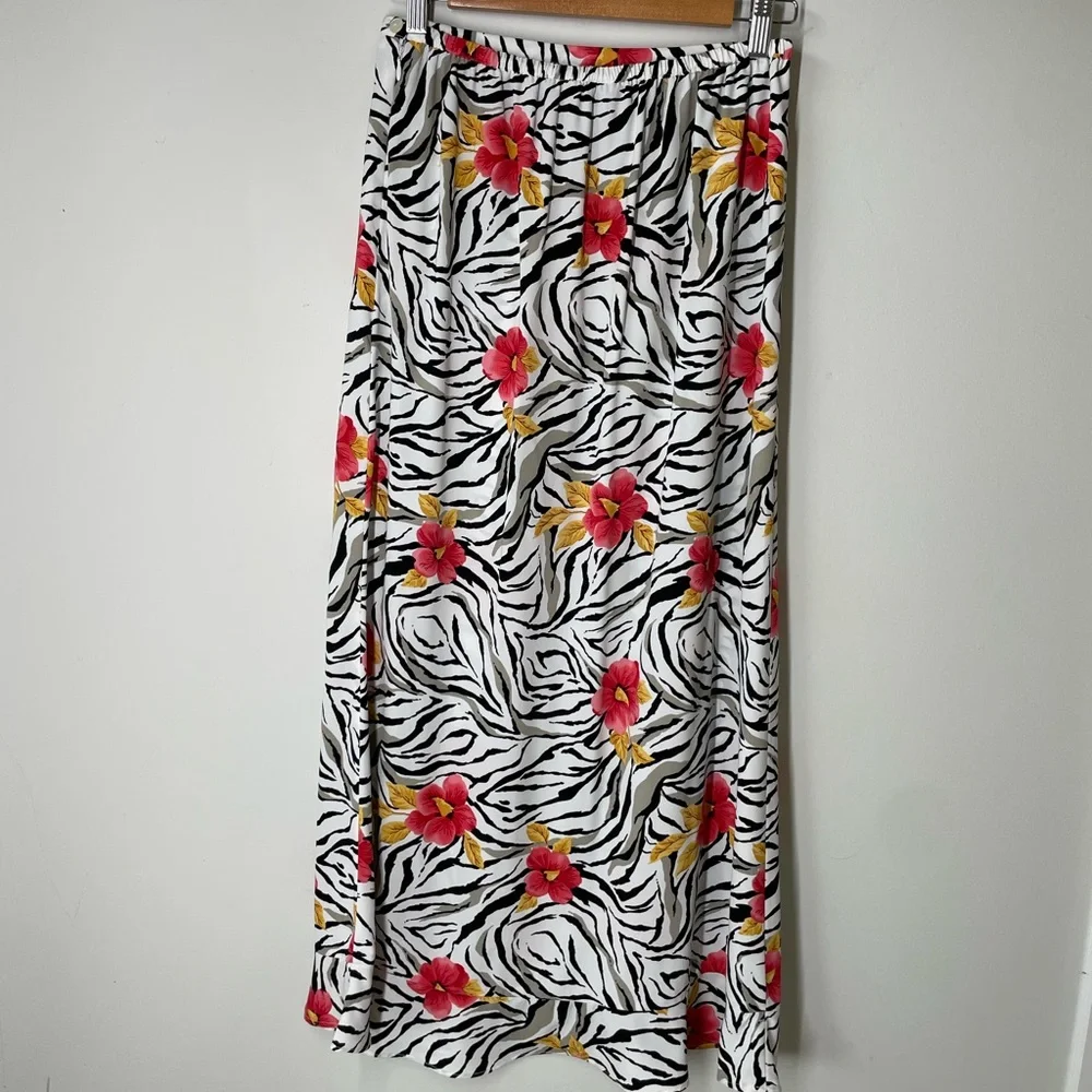 Anna S White Zebra Floral Tropical Hawaiian MIDI Skirt